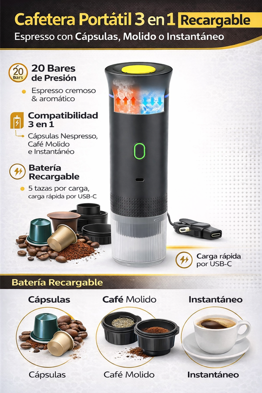 Cafetera Espresso Compacta 3 en 1 – Cápsulas, Molido e Instantáneo