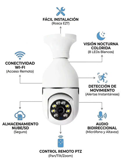 Cámara de Seguridad WiFi Tipo Bombilla 360° HD con Visión Nocturna